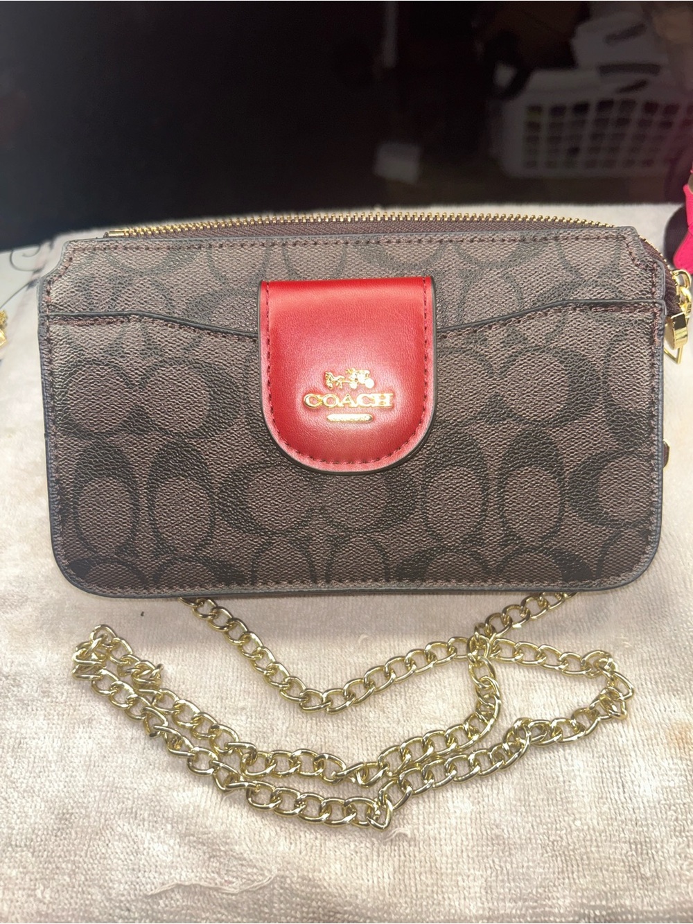 Coach Brown Signature Crossbody with Red Tab and Gold Chain Strap